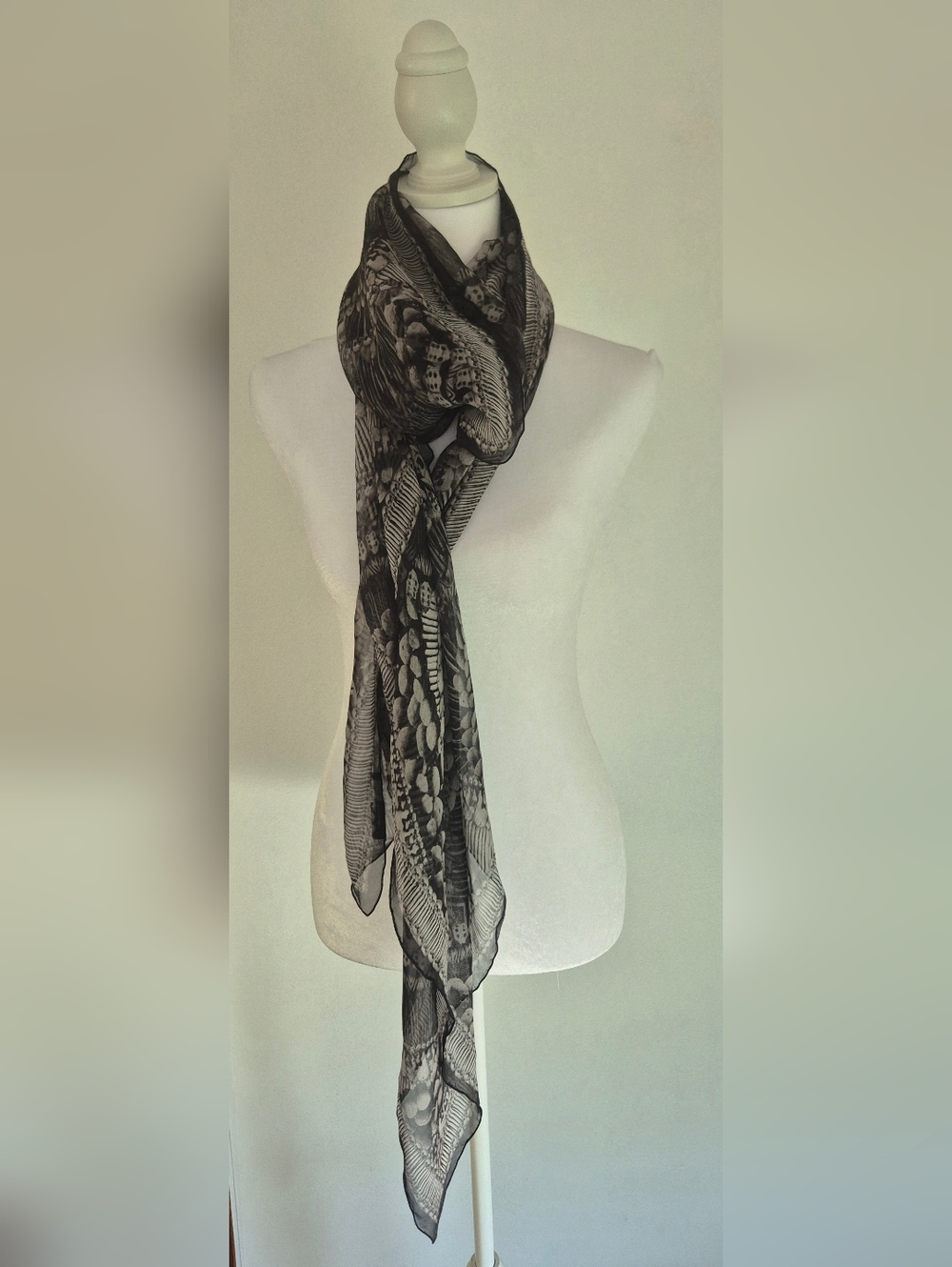 Black and Gray Silk Patterned Lightweight Scarf - Women Accessories